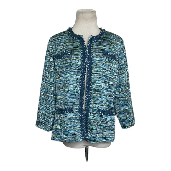 Chico's Green Tweet Open Front Pockets Lined Fringe Trim Blazer Jacket size 1- M - Picture 8 of 9